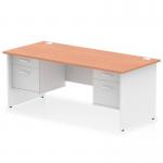 This desk features a sleek dynamic design, with a 1800 x 800mm beech top and white panel end leg. It includes 2 built-in 2 drawer fixed pedestals for convenient storage. Perfect for any modern office.