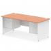 This desk features a sleek dynamic design, with a 1800 x 800mm beech top and white panel end leg. It includes 2 built-in 2 drawer fixed pedestals for convenient storage. Perfect for any modern office.