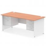 The Dynamic Pedestal Desk Impulse features a sleek 1800 x 800mm straight office desk with a beech top and white panel end leg. It is equipped with 1 2-drawer and 1 3-drawer fixed pedestal, providing ample storage space. This desk exudes a professional and modern vibe, perfect for any office setting.