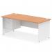 The photograph shows a sleek and modern Dynamic Pedestal Desk Impulse, measuring 1800 x 800mm, made with an oak top and white panel end leg. The desk also includes a fixed pedestal with 2 drawers, adding both style and functionality to any office space.