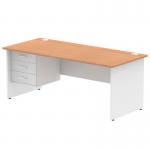 This picture shows a sleek and modern Dynamic Pedestal Desk Impulse, measuring 1800 x 800mm. The straight office desk features an oak top and white panel end leg, with a 1 x 3 drawer fixed pedestal. The overall look is both functional and stylish.