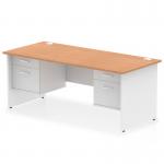 This image shows a dynamic pedestal desk with a sleek oak top and white panel end leg. It also features 2 fixed pedestals, each with 2 spacious drawers for storage. The desk measures 1800 x 800mm and has a modern, straight design. Its versatile and functional style makes it a great addition to any office space.
