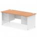 This image shows a dynamic pedestal desk with a sleek oak top and white panel end leg. It also features 2 fixed pedestals, each with 2 spacious drawers for storage. The desk measures 1800 x 800mm and has a modern, straight design. Its versatile and functional style makes it a great addition to any office space.