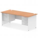 This photograph showcases a sleek and modern Dynamic Pedestal Desk. The oak top and white panel give it a classy look, while the 2-drawer and 3-drawer fixed pedestals add functionality. The desk measures 1800 x 800mm and has a straight design, perfect for any office space.