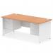 This photograph showcases a sleek and modern Dynamic Pedestal Desk. The oak top and white panel give it a classy look, while the 2-drawer and 3-drawer fixed pedestals add functionality. The desk measures 1800 x 800mm and has a straight design, perfect for any office space.