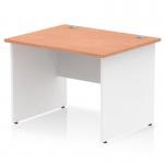 The picture shows a sleek and modern office desk with a beech top and white panel end legs. The desk is 1000mm wide and 800mm deep, featuring a dynamic panel design. It has a clean and professional aesthetic that would fit well in any office setting.