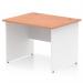 The picture shows a sleek and modern office desk with a beech top and white panel end legs. The desk is 1000mm wide and 800mm deep, featuring a dynamic panel design. It has a clean and professional aesthetic that would fit well in any office setting.