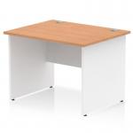 The photo shows a sleek and stylish office desk with a durable oak top and white panel end legs. The dynamic panel end design adds a modern touch to the desk, which measures 1000 x 800mm, making it perfect for any workspace.