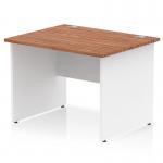 The photograph shows a sleek Dynamic Panel End Desk, measuring 1000 x 800mm and featuring a straight office desk design. The desk has a rich walnut top and is supported by white panel end legs. Its overall look is modern and professional.