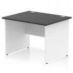 The picture shows a sleek and modern office desk measuring 1000 x 800mm. The desk features a black top contrasted with white panel end legs, giving it a bold and dynamic look. The clean lines and minimalist design make it perfect for any modern workspace.