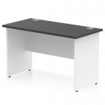 This image shows a compact and modern office desk in black and white. The top is glossy and the legs are panelled, giving it a sleek and dynamic appearance. The size is 1200 x 600mm, making it suitable for any small office space.