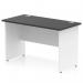 This image shows a compact and modern office desk in black and white. The top is glossy and the legs are panelled, giving it a sleek and dynamic appearance. The size is 1200 x 600mm, making it suitable for any small office space.