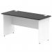 The photo shows a sleek and modern Dynamic Panel End Desk, measuring 1400 x 600mm, with a black top and white panel end leg. The straight design exudes professionalism and functionality, making it a versatile addition to any office space. The contrasting colors create a striking and stylish look, perfect for any workspace.
