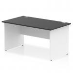 This photograph shows a modern office desk with a black top and white panel end leg. It has a sleek, straight design and measures 1400 x 800mm. The dynamic panel end adds a touch of sophistication to any workspace.