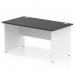 This photograph shows a modern office desk with a black top and white panel end leg. It has a sleek, straight design and measures 1400 x 800mm. The dynamic panel end adds a touch of sophistication to any workspace.