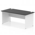 This picture shows a sleek and modern Dynamic Panel End Desk. The desk features a black top and white panel end leg, creating a stylish contrast. The desk measures 1600 x 800mm and has a straight design, perfect for a professional office space.
