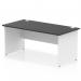 This picture shows a sleek and modern Dynamic Panel End Desk. The desk features a black top and white panel end leg, creating a stylish contrast. The desk measures 1600 x 800mm and has a straight design, perfect for a professional office space.