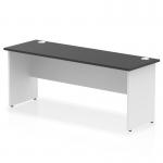 This image shows a sleek and modern office desk, measuring 1800 x 600mm, with a black top and white panel end leg. The dynamic panel design adds a touch of sophistication to any workspace.