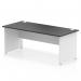 This photo features a sleek and modern office desk, measuring 1800 x 800mm, with a black top and white panel end leg. The dynamic panel end design adds a touch of sophistication to any workspace.