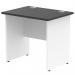 This photograph features a sleek and modern office desk with a black top and white panel end leg. Its compact size of 800 x 600mm makes it a perfect fit for smaller spaces. The dynamic design adds a touch of style to any workspace.