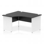A modern, sleek office desk with a unique black top and white panel end leg. The dynamic left hand design includes a distinctive 1400mm left crescent shape, adding a touch of sophistication to any workspace.