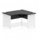 The image shows a sleek and modern Dynamic Right Hand Desks Impulse 1400mm Right Crescent Office Desk. It features a black top and a white panel end leg, creating a striking contrast. The desk appears spacious and functional, perfect for a productive work environment.