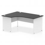 The photo shows a sleek and modern Dynamic Left Hand Desks Impulse 1600mm Left Crescent Office Desk. It features a black top with a white panel end leg, creating a stylish contrast. The desk is spacious and perfect for a productive work environment.