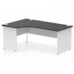 In this photograph, you see a sleek and modern office desk with a 1800mm left crescent shape. The desk features a black top and white panel end leg, giving it a dynamic and professional appearance. This desk is perfect for any modern workplace setting.