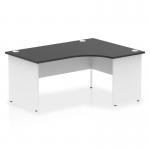 This picture shows a sleek and modern Dynamic Right Hand Desks Impulse 1600mm Right Crescent Office Desk. The desk features a black top and white panel end leg, creating a striking contrast. Its dynamic design is perfect for any contemporary office space.