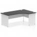 In the image, the dynamic right hand desk features a sleek 1800mm black top with a crescent-shaped design, contrasting against a white panel end leg. This modern office desk exudes a professional, yet contemporary aesthetic.