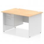 This photo features a dynamic pedestal desk measuring 1200 x 800mm. The straight office desk has a maple top and a white panel end leg. The desk also includes a 2 drawer fixed pedestal for storage.