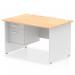 This photo features a dynamic pedestal desk measuring 1200 x 800mm. The straight office desk has a maple top and a white panel end leg. The desk also includes a 2 drawer fixed pedestal for storage.