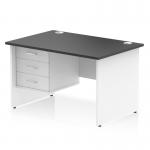 This photograph features a sleek and modern Dynamic Pedestal Desk Impulse with a black top and white panel end leg. It also includes a 3 drawer fixed pedestal for convenient storage. The desk measures 1200 x 800mm, making it a stylish addition to any office space.