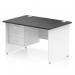 This photograph features a sleek and modern Dynamic Pedestal Desk Impulse with a black top and white panel end leg. It also includes a 3 drawer fixed pedestal for convenient storage. The desk measures 1200 x 800mm, making it a stylish addition to any office space.