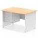 The picture shows a sleek and modern Dynamic Pedestal Desk Impulse with a maple top and white panel end leg. A 3 drawer fixed pedestal is attached to one side, providing additional storage space. The desk has a streamlined design, perfect for any office space.