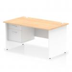 The photo shows a dynamic pedestal desk with a straight design and a maple top. It features a white panel end leg and a fixed pedestal with 2 drawers. The desk measures 1400 x 800mm and has a modern, sleek appearance.