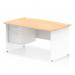 The photo shows a dynamic pedestal desk with a straight design and a maple top. It features a white panel end leg and a fixed pedestal with 2 drawers. The desk measures 1400 x 800mm and has a modern, sleek appearance.