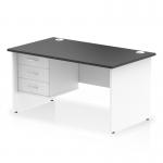 This photograph showcases a sleek and modern Dynamic Pedestal Desk in Impulse 1400 x 800mm size. The desk features a straight design with a sleek black top and white panel end leg. A 3 drawer fixed pedestal is also included, providing ample storage space for office essentials.