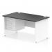 This photograph showcases a sleek and modern Dynamic Pedestal Desk in Impulse 1400 x 800mm size. The desk features a straight design with a sleek black top and white panel end leg. A 3 drawer fixed pedestal is also included, providing ample storage space for office essentials.