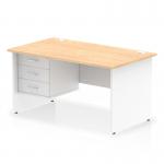 This photo features a sleek and modern Dynamic Pedestal Desk Impulse. The desk measures 1400 x 800mm and has a striking straight office desk design. The desktop is crafted from maple wood and is complemented by crisp white panel ends and legs. A 3-drawer fixed pedestal adds practical storage space to this stylish piece.