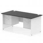 This photo shows a sleek and modern Dynamic Pedestal Desk Impulse with a black top and white panel end leg. It features a 1600 x 800mm straight office desk with a 2 drawer fixed pedestal on each side. The desk exudes a professional and efficient feel, perfect for any office space.