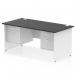 This photo shows a sleek and modern Dynamic Pedestal Desk Impulse with a black top and white panel end leg. It features a 1600 x 800mm straight office desk with a 2 drawer fixed pedestal on each side. The desk exudes a professional and efficient feel, perfect for any office space.