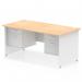 This image features a Dynamic Pedestal Desk Impulse measuring 1600 x 800mm. The desk has a straight design with a maple top and white panel end leg. There are also two fixed pedestals with 2 drawers each included. This desk is ideal for any modern office space.
