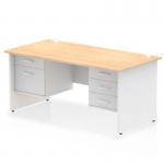 This photo shows a dynamic pedestal desk in the Impulse 1600 x 800mm size. The straight office desk features a maple top and a white panel end leg. It also includes a 2 drawer and 3 drawer fixed pedestal for added storage.