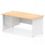 This photograph features a sleek and modern Dynamic Pedestal Desk, measuring 1600 x 800mm. The desk boasts a striking maple top and a white panel end leg, creating a clean and professional look. A 2 drawer fixed pedestal adds practicality and a functional touch.