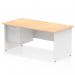 This photograph features a sleek and modern Dynamic Pedestal Desk, measuring 1600 x 800mm. The desk boasts a striking maple top and a white panel end leg, creating a clean and professional look. A 2 drawer fixed pedestal adds practicality and a functional touch.