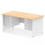 This picture features a dynamic pedestal desk known as Impulse. The desk is 1600 x 800mm in size, with a straight design. It has a maple top and is accented with a white panel end leg. The desk also comes with two 3-drawer fixed pedestals for added storage.