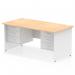 This picture features a dynamic pedestal desk known as Impulse. The desk is 1600 x 800mm in size, with a straight design. It has a maple top and is accented with a white panel end leg. The desk also comes with two 3-drawer fixed pedestals for added storage.