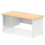 The dynamic pedestal desk Impulse measures 1600 x 800mm and features a straight design. With a maple top and white panel end leg, this desk also comes with 1 x 3 drawer fixed pedestal for storage. Its sleek and modern look is sure to elevate any office space.