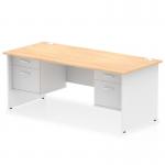 The picture shows a sleek and modern Dynamic Pedestal Desk with a 1800 x 800mm Maple Top. The desk features a White Panel End Leg and comes with a 2 x 2 Drawer Fixed Pedestal for storage. The overall design is clean and professional, making it a great addition to any office space.